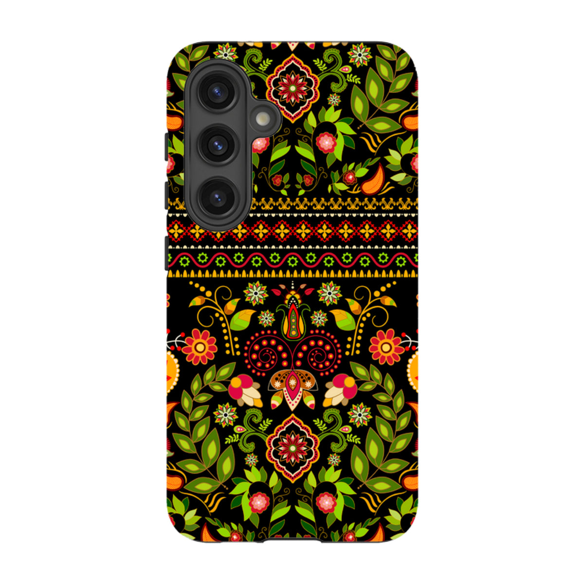 Samsung Tough Case featuring a vibrant, colorful floral and geometric pattern on a black background for Galaxy devices.