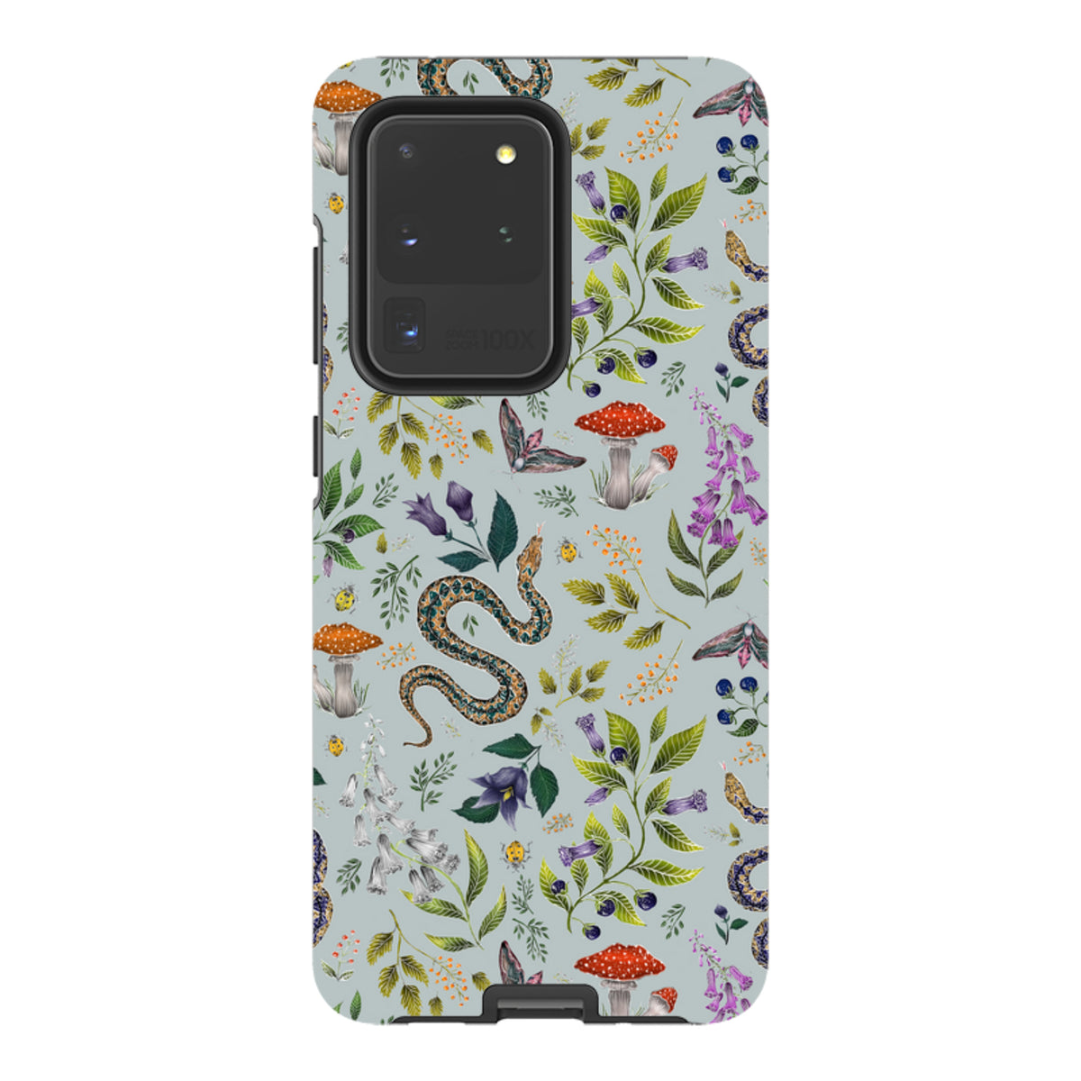 Samsung Tough Case featuring Catherine Rowe’s Poisonous 2 botanical snake, mushroom, and moth print on a light blue background.