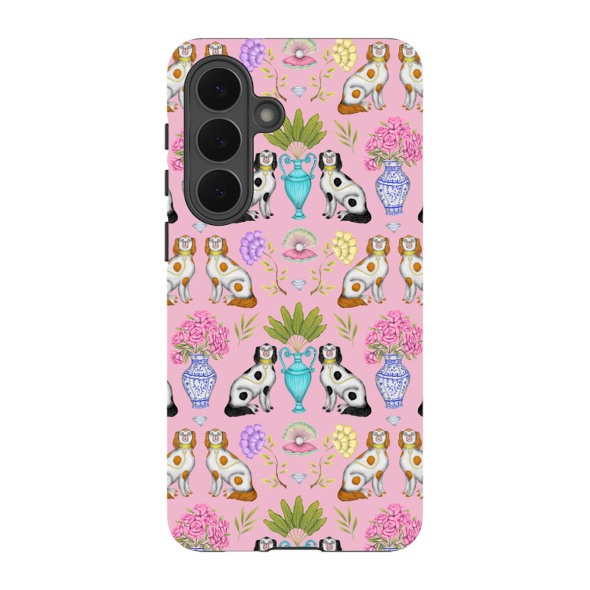 Samsung Tough Case featuring a pink pattern of dogs, floral vases, and pearls by Catherine Rowe for Galaxy phones.