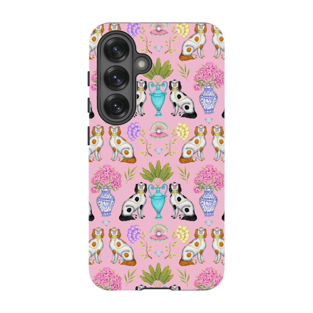 Samsung tough phone case featuring a pink pattern of dogs, floral vases, and pearls by Catherine Rowe.