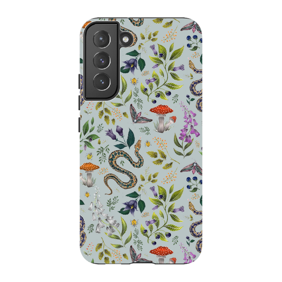 Samsung Tough Case featuring Catherine Rowe’s Poisonous 2 botanical snake and mushroom pattern on a light blue background.