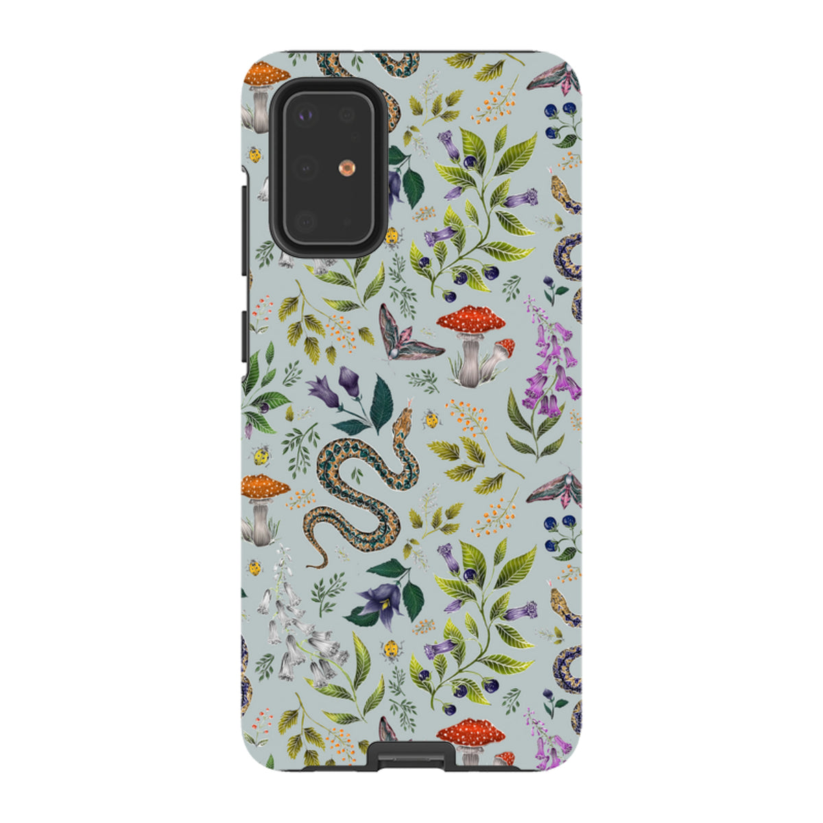 Samsung tough phone case featuring a botanical pattern of snakes, mushrooms, and flowers on a light blue background.
