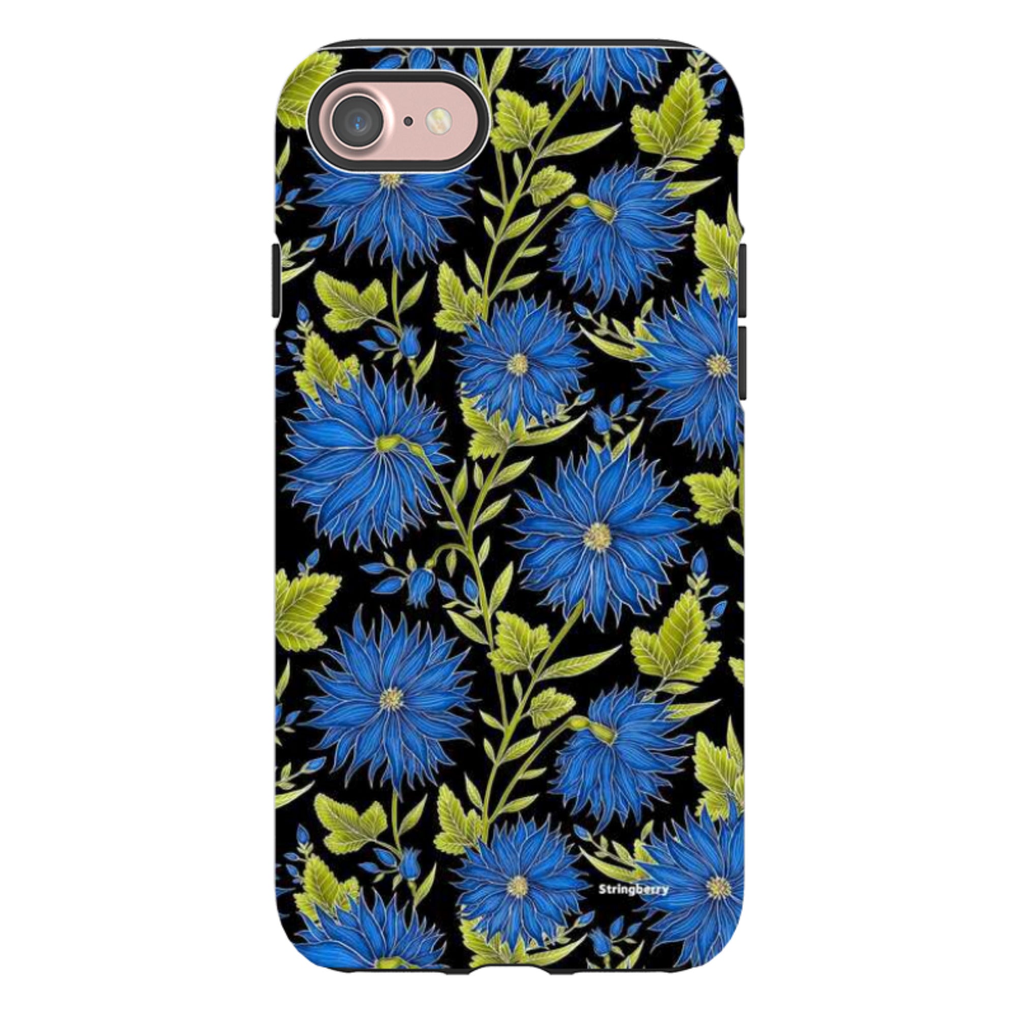 iPhone Tough Case - Blue Flowers Black By Catherine Rowe