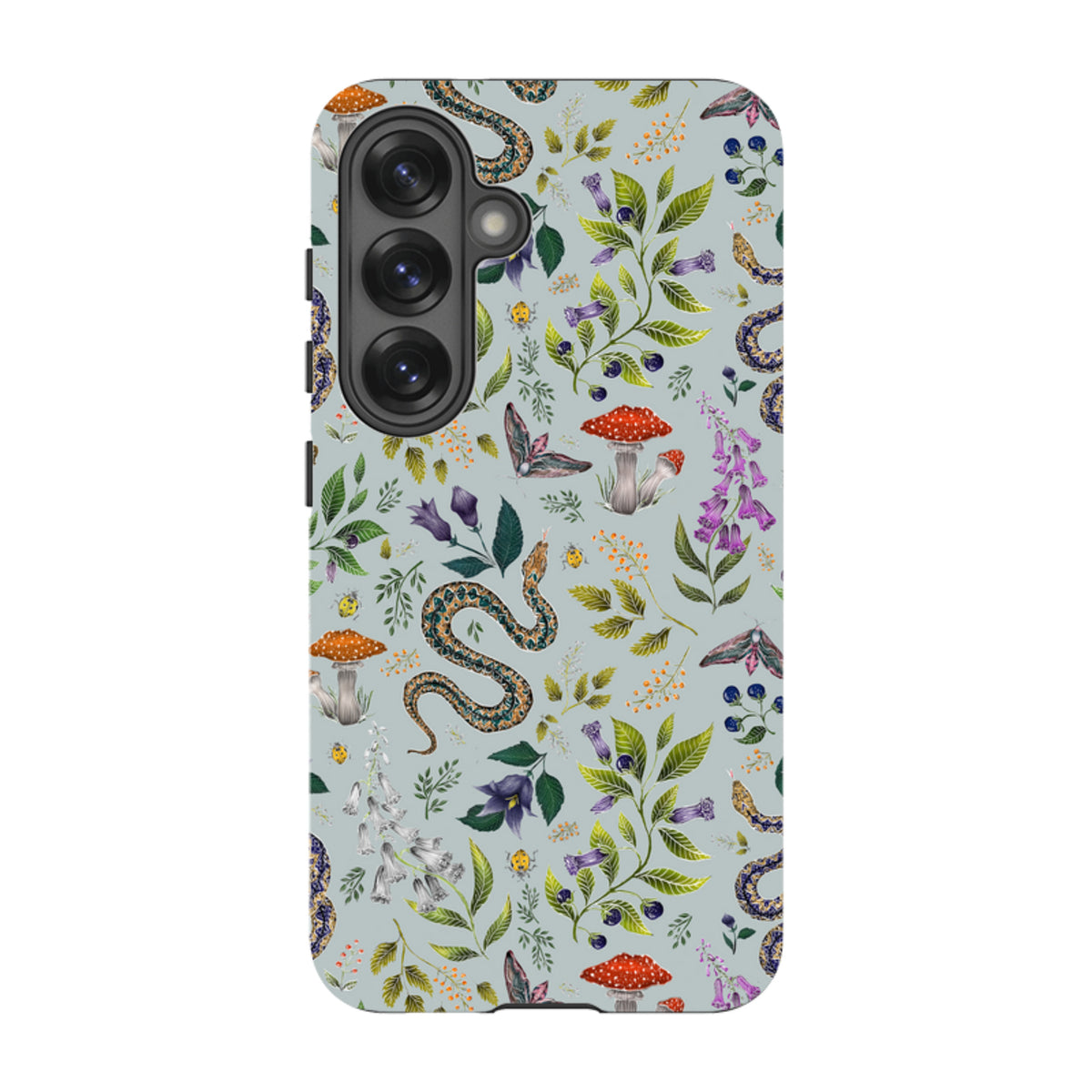 Samsung Tough Case featuring a botanical snake and mushroom pattern by Catherine Rowe on a light blue background.