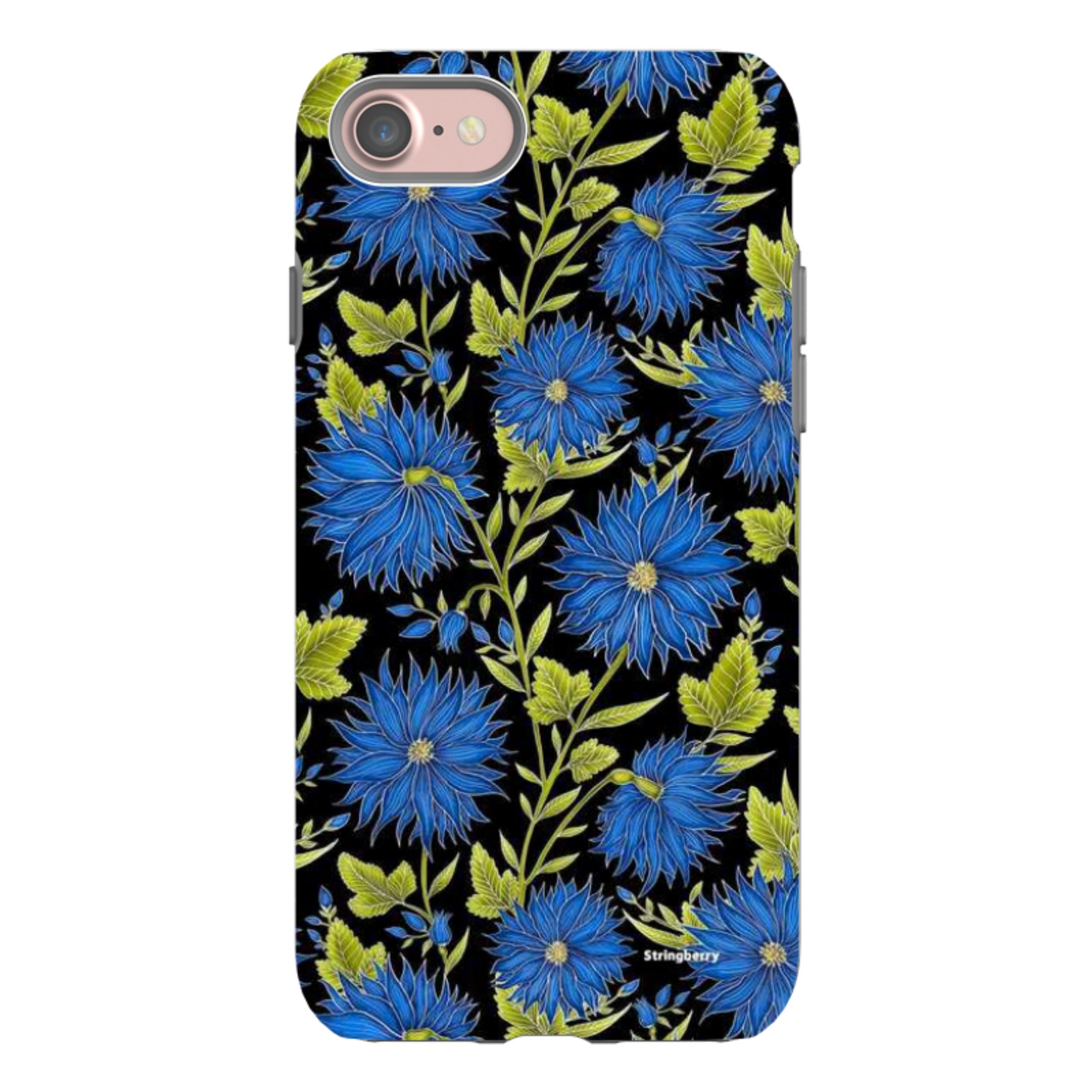 iPhone Tough Case - Blue Flowers Black By Catherine Rowe