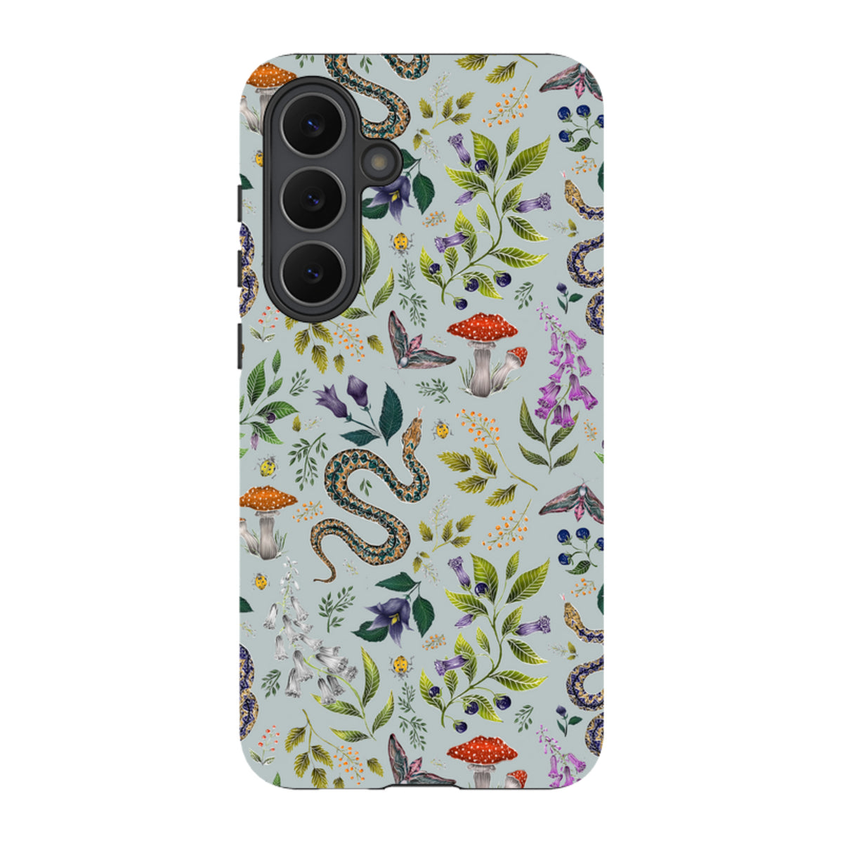 Samsung tough phone case featuring a light blue botanical print with snakes, red mushrooms, and moths by Catherine Rowe.