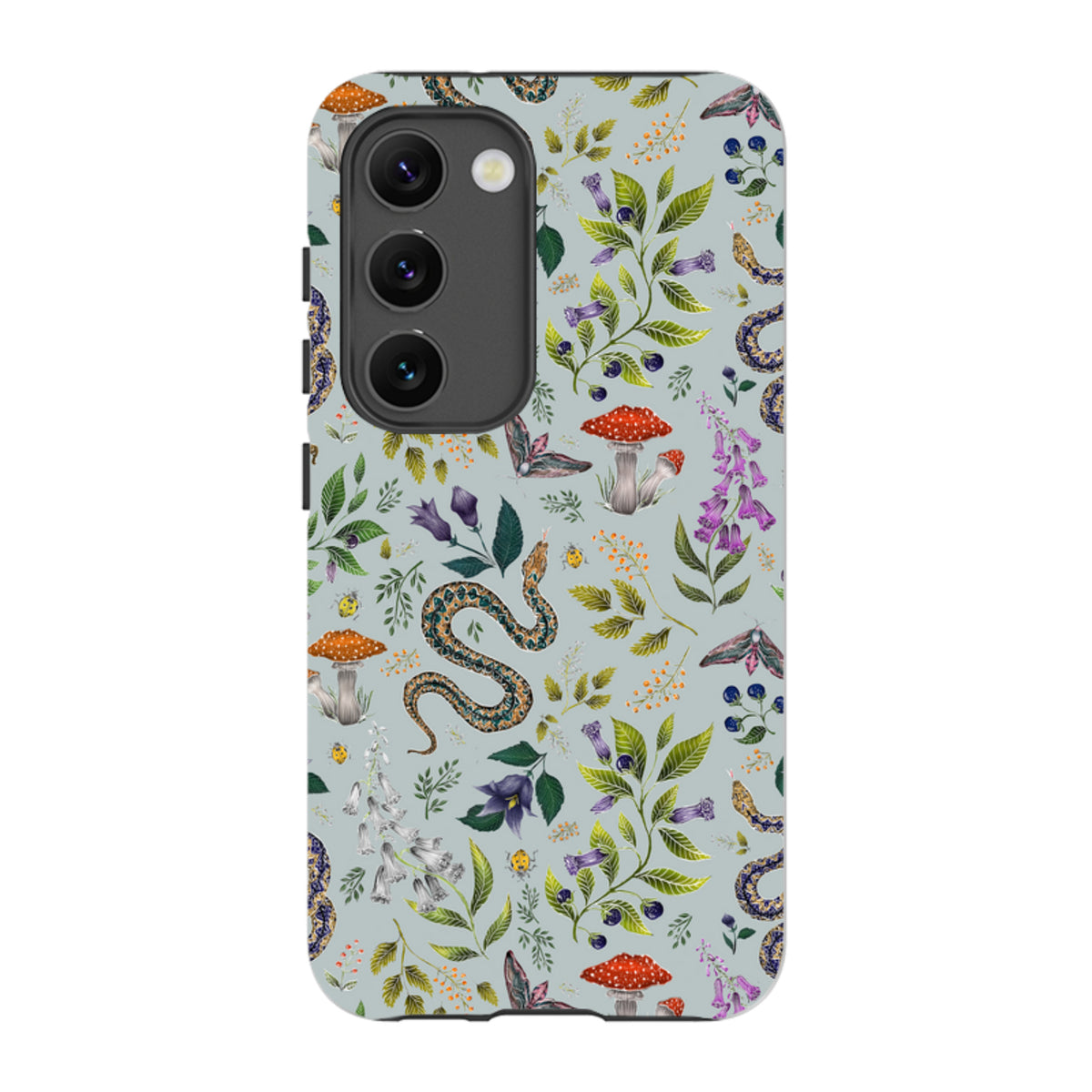 Samsung Galaxy tough case featuring a light blue botanical pattern with snakes, red mushrooms, and purple flowers.