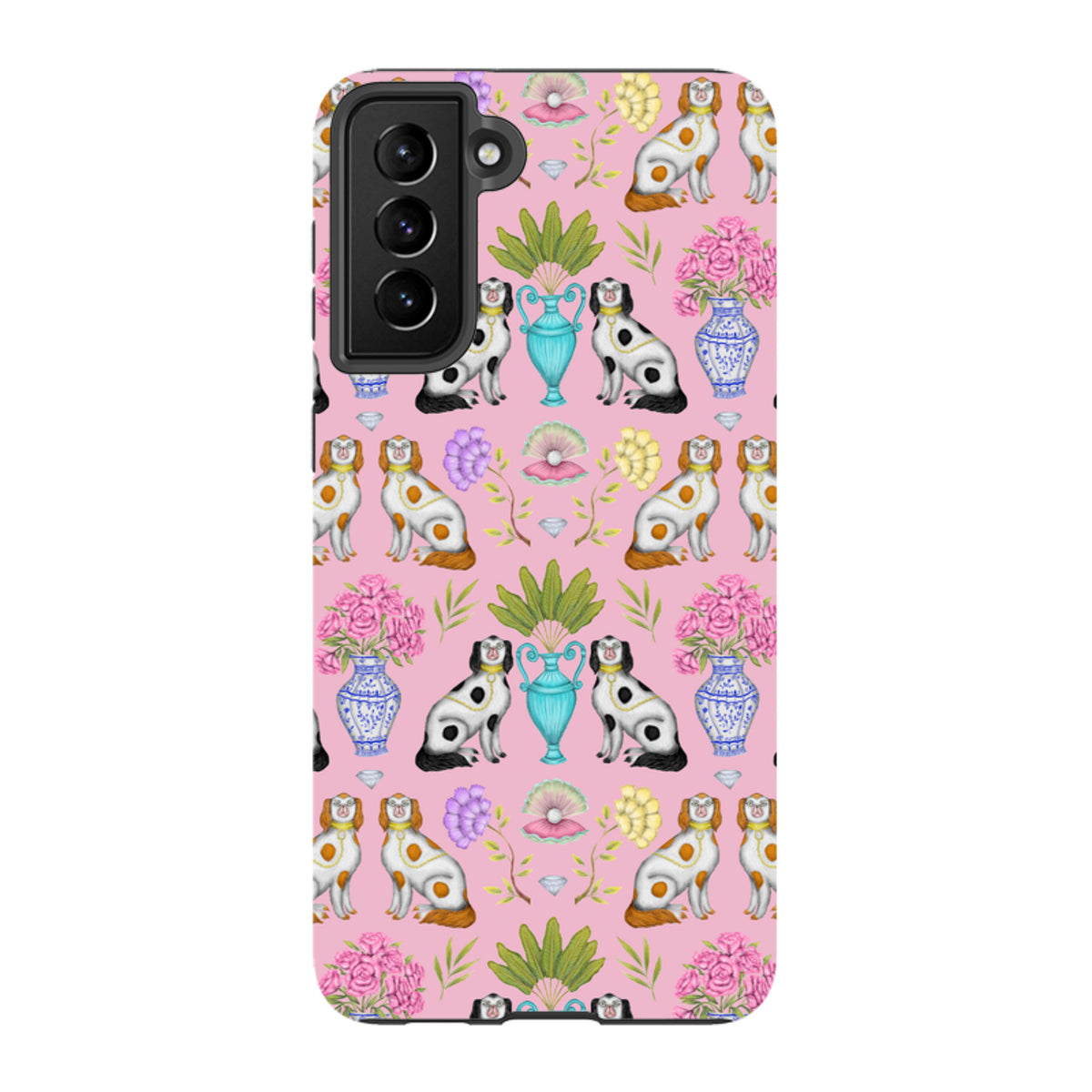 Samsung Tough Case featuring a pink pattern of dogs, floral vases, and shells by Catherine Rowe for Galaxy phones.