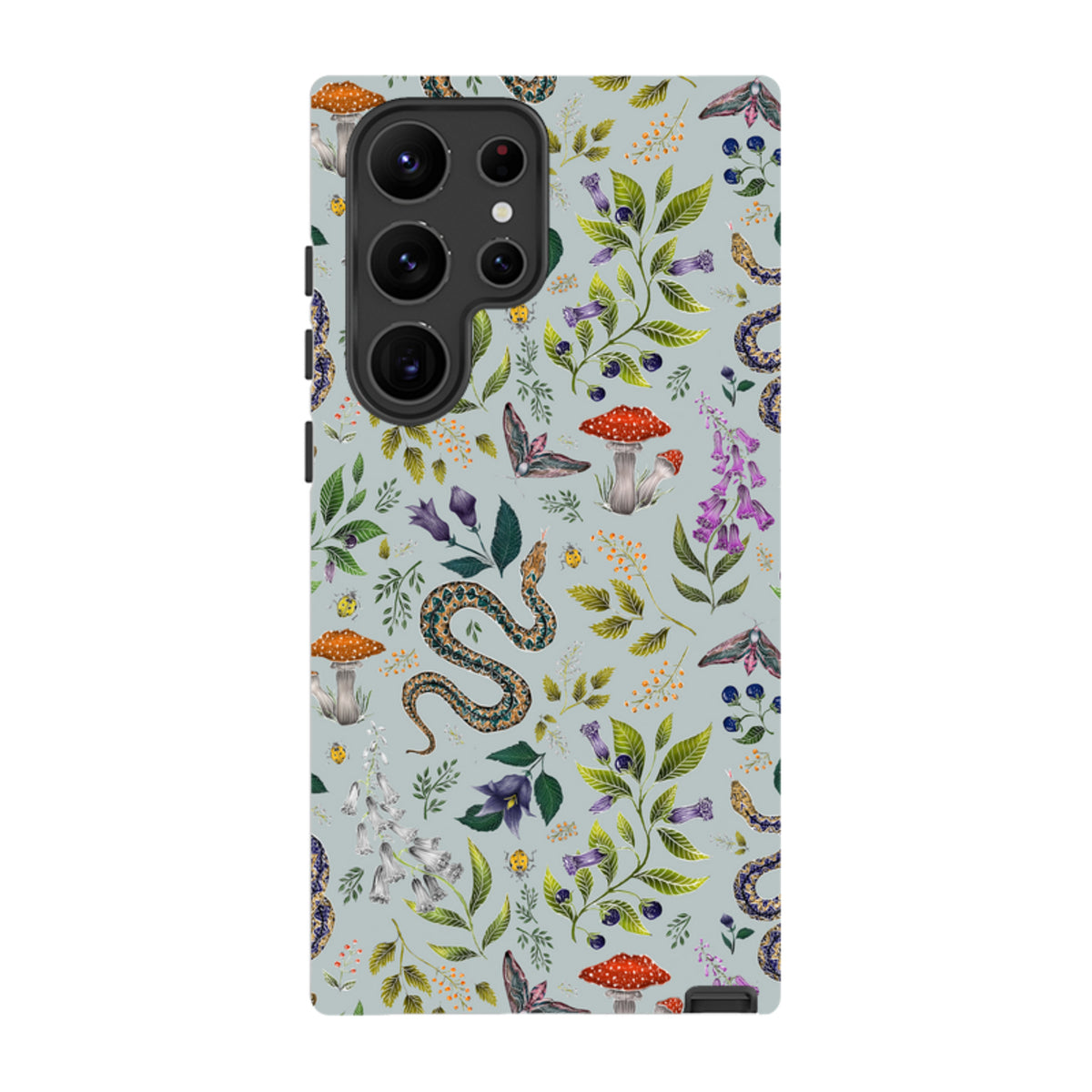 Samsung Tough Case featuring Catherine Rowe’s Poisonous 2 snake, mushroom, and floral botanical art on a light blue background.