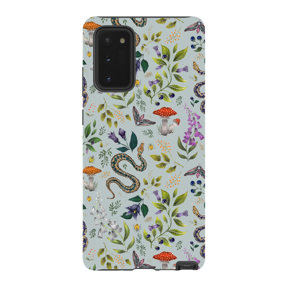 Samsung Tough Case featuring Catherine Rowe's Poisonous 2 botanical snake and mushroom pattern on a light blue background.