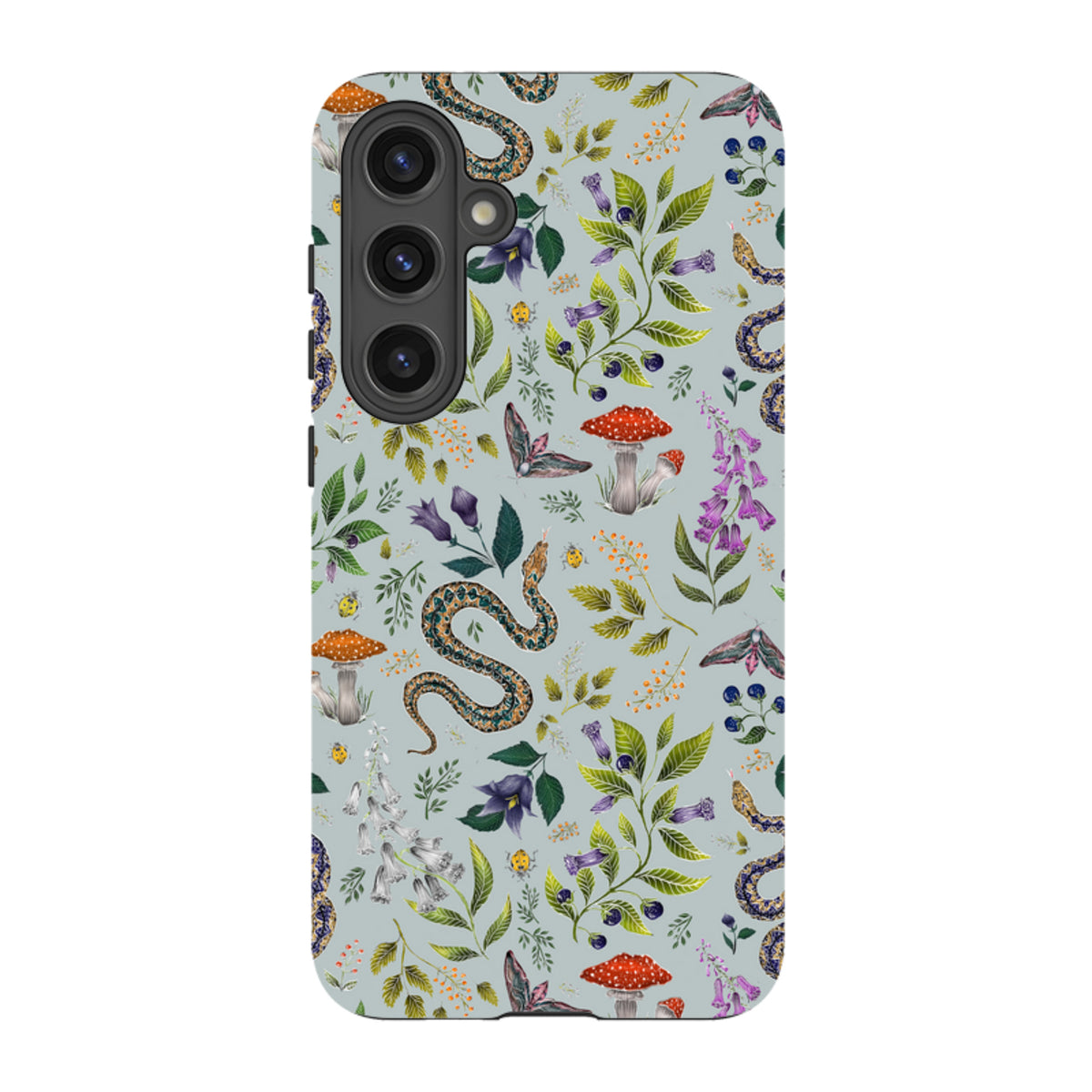 Samsung Tough Case featuring Catherine Rowe’s Poisonous 2 botanical snake and mushroom pattern on a light blue background.