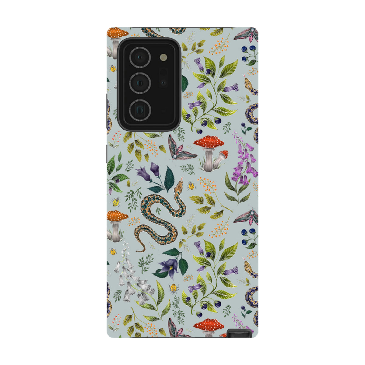Samsung Tough Case featuring Catherine Rowe’s Poisonous 2 botanical snake and mushroom print on a light blue background.