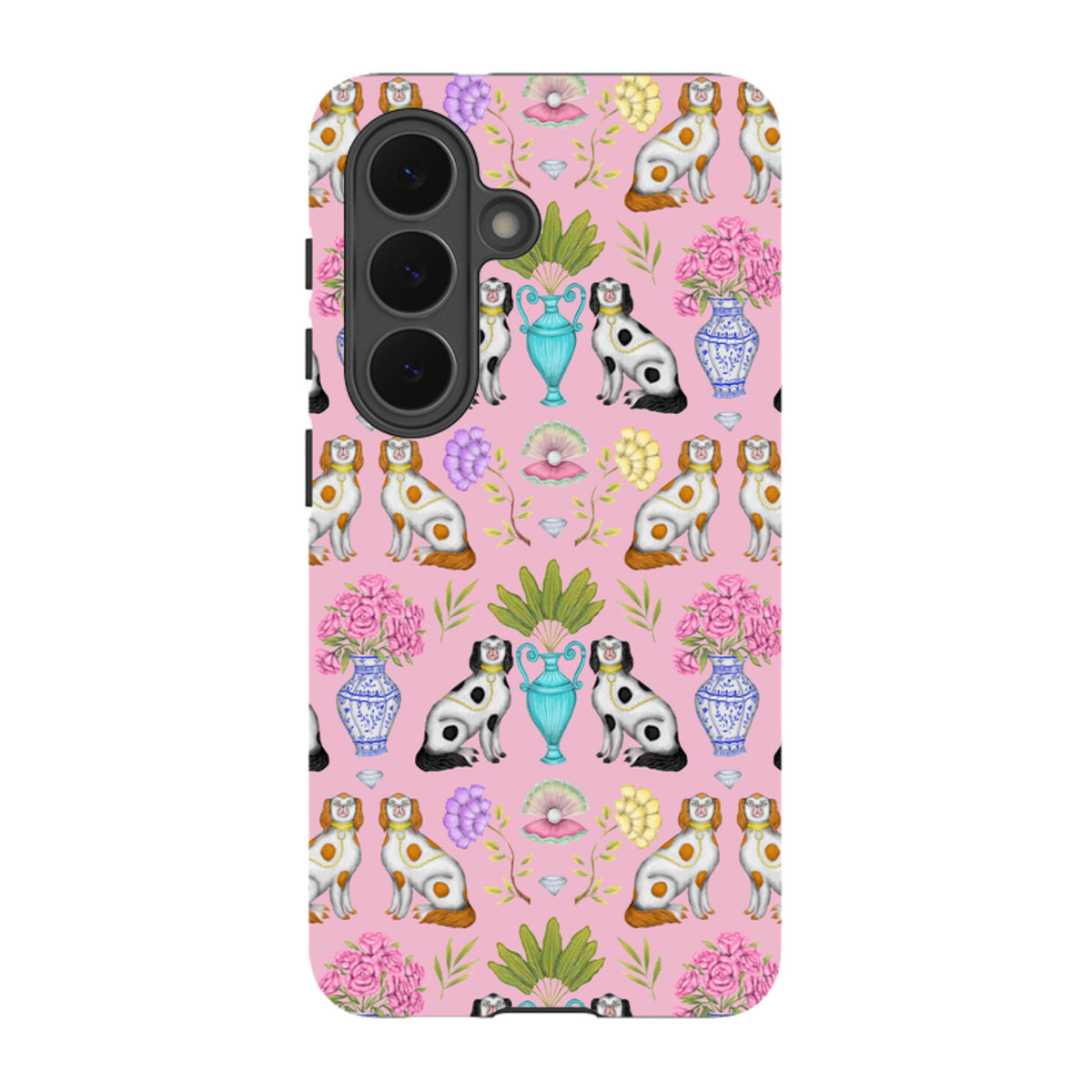 Samsung Tough Case featuring a pink pattern of spaniels, floral vases, and shells by Catherine Rowe for Galaxy phones.