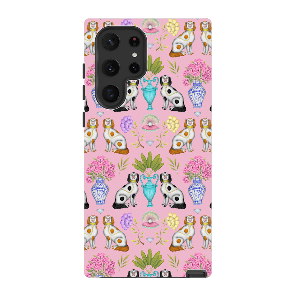 Samsung Tough Case with a pink pattern of dogs, floral vases, and shells by Catherine Rowe for Galaxy phones.