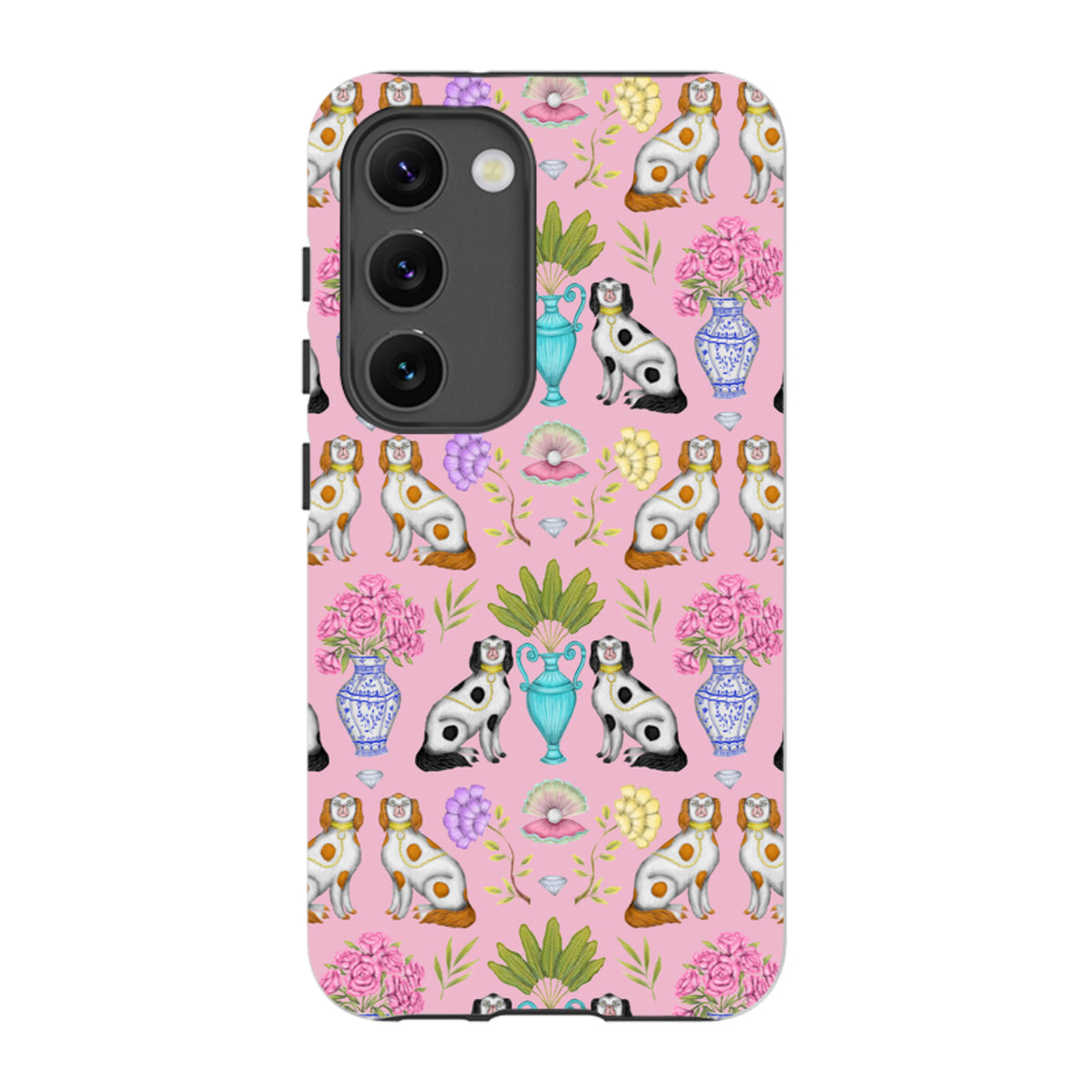 Samsung Tough Case featuring a pink pattern of dogs, floral vases, and pearls by Catherine Rowe for Galaxy phones.