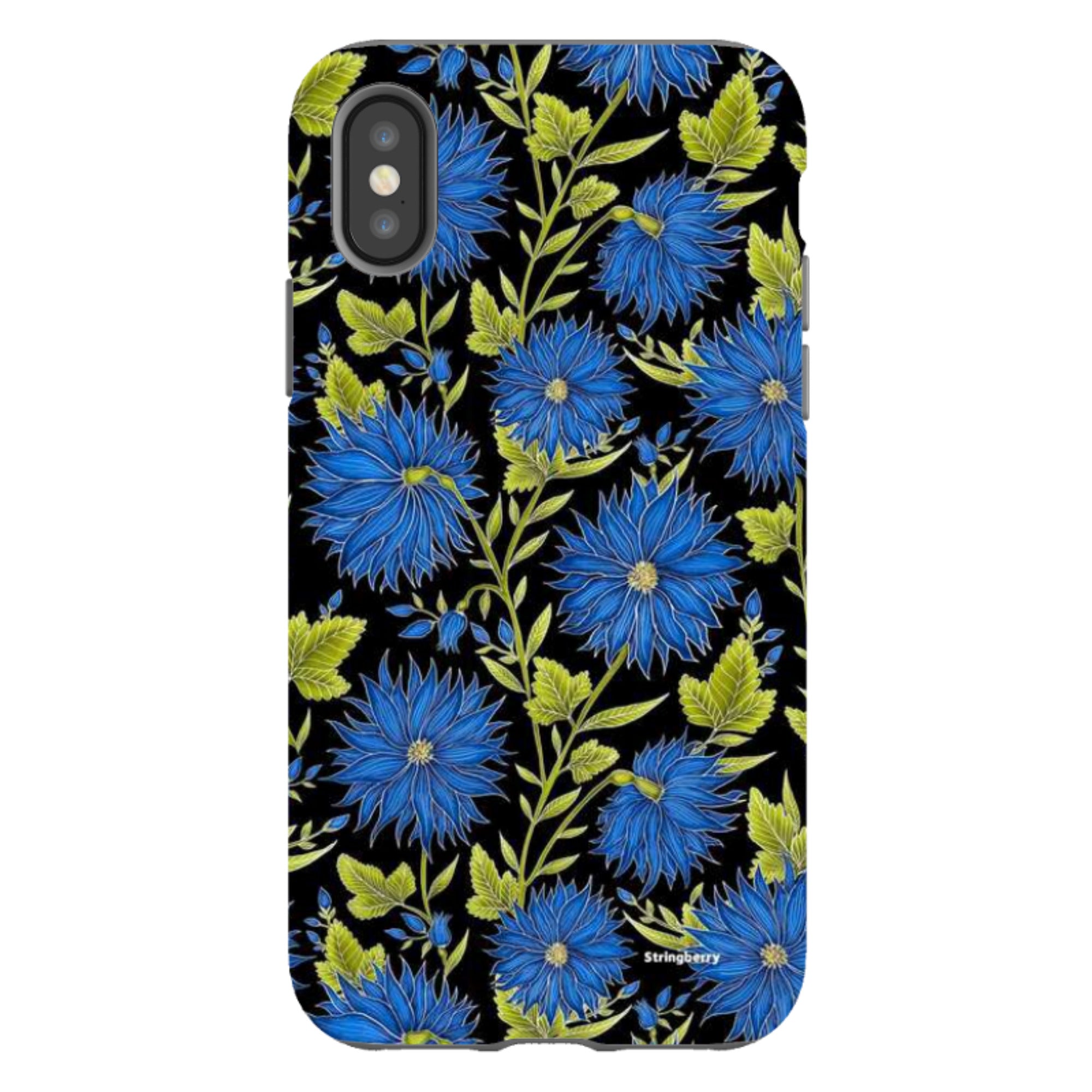 iPhone Tough Case - Blue Flowers Black By Catherine Rowe