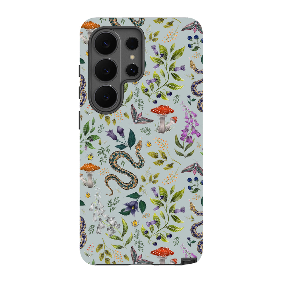Samsung Tough Case featuring Catherine Rowe’s Poisonous 2 snake, mushroom, and floral botanical art on a light blue background.