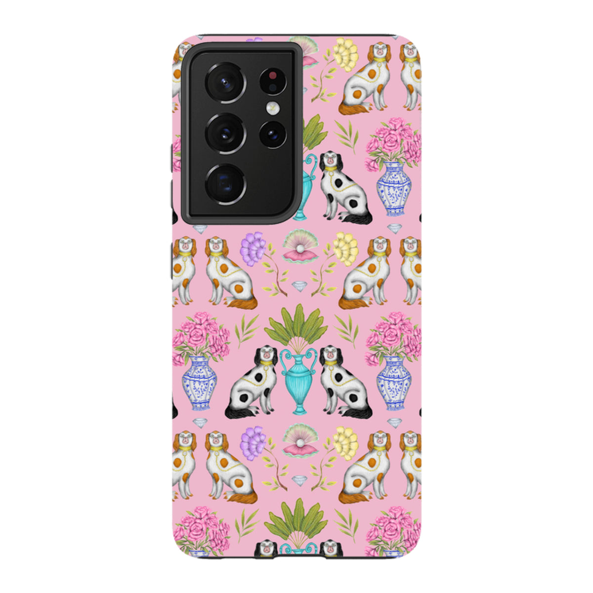 Samsung tough phone case with a pink Miami China pattern featuring dogs, floral vases, and pearls.