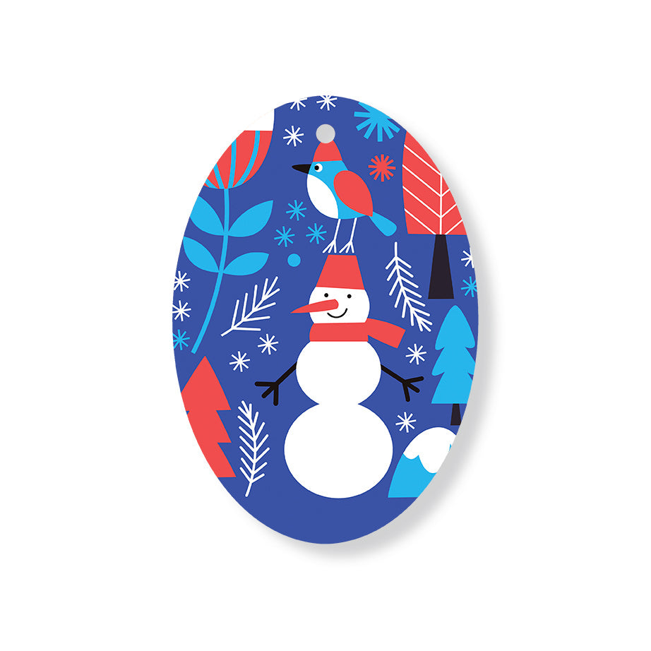 Christmas Decorations BIRD AND SNOWMAN- Wooden Xmas Oval Decoration and Fridge Magnet