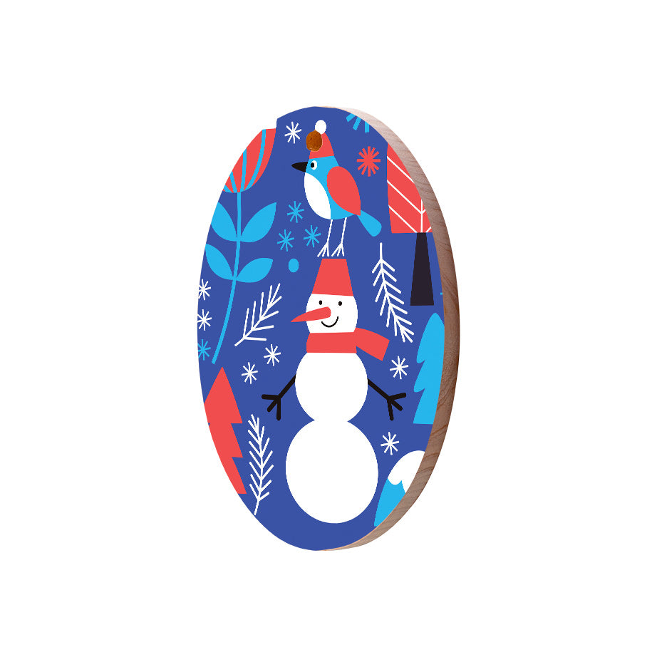 Christmas Decorations BIRD AND SNOWMAN- Wooden Xmas Oval Decoration and Fridge Magnet