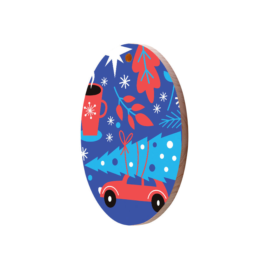 Christmas Decorations DRIVING HOME- Wooden Xmas Oval Decoration and Fridge Magnet