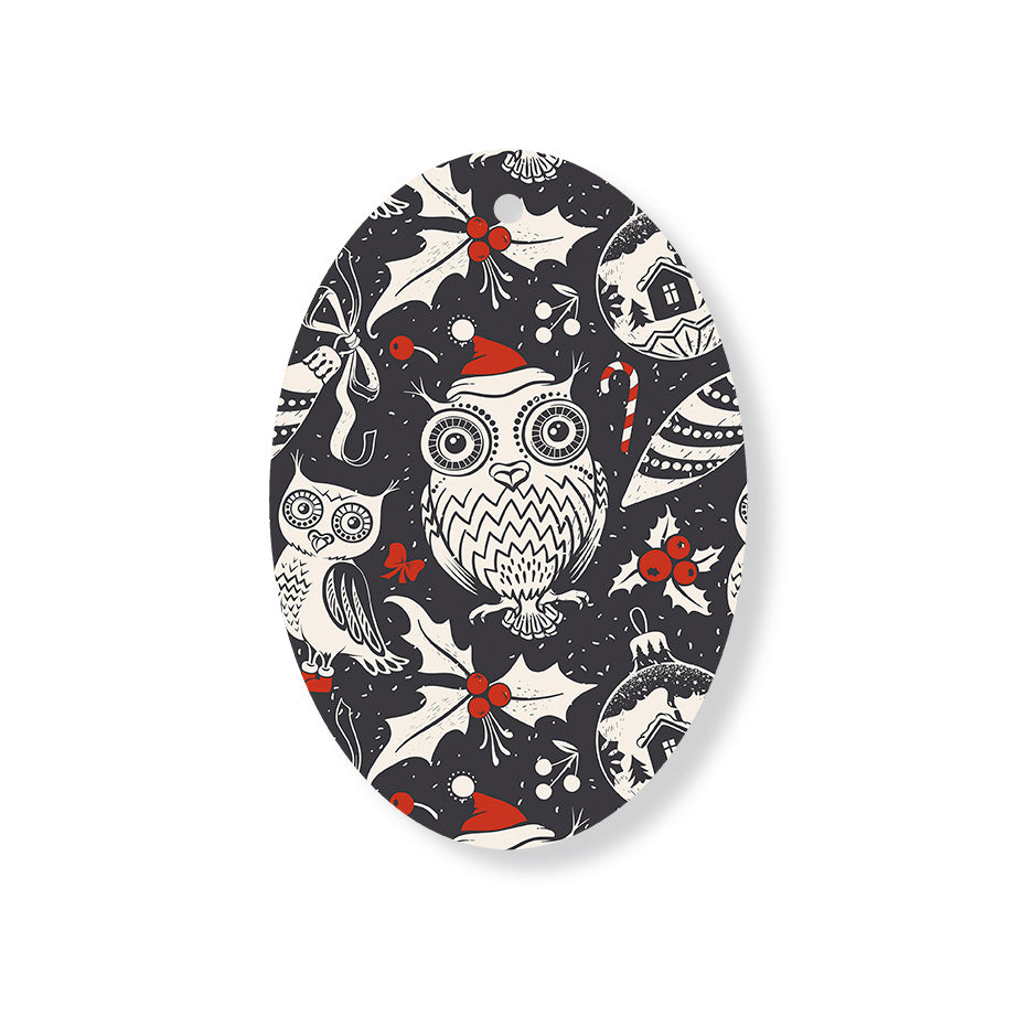 Christmas Decorations OWL XMAS- Wooden Xmas Oval Decoration and Fridge Magnet
