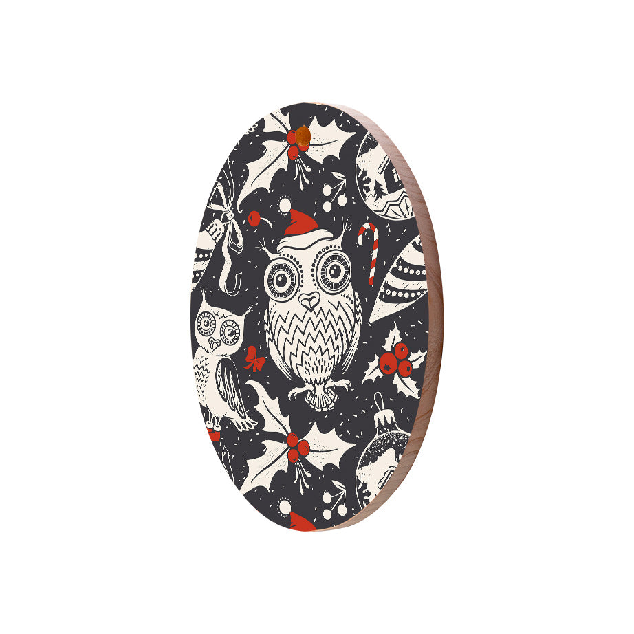 Christmas Decorations OWL XMAS- Wooden Xmas Oval Decoration and Fridge Magnet