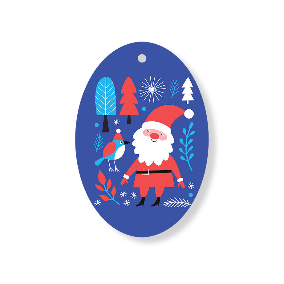 Christmas Decorations SANTA AND BIRD- Wooden Xmas Oval Decoration and Fridge Magnet