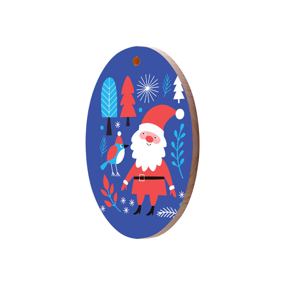 Christmas Decorations SANTA AND BIRD- Wooden Xmas Oval Decoration and Fridge Magnet