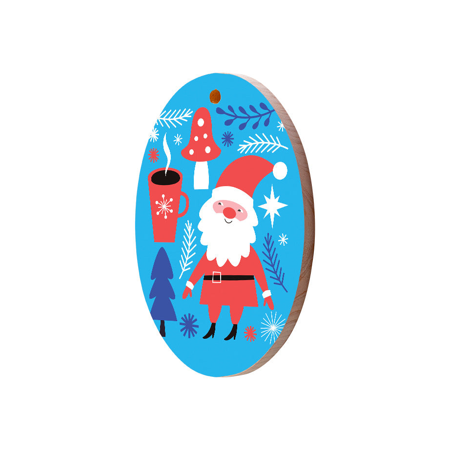 Christmas Decorations SANTA AND MUSHROOM- Wooden Xmas Oval Decoration and Fridge Magnet