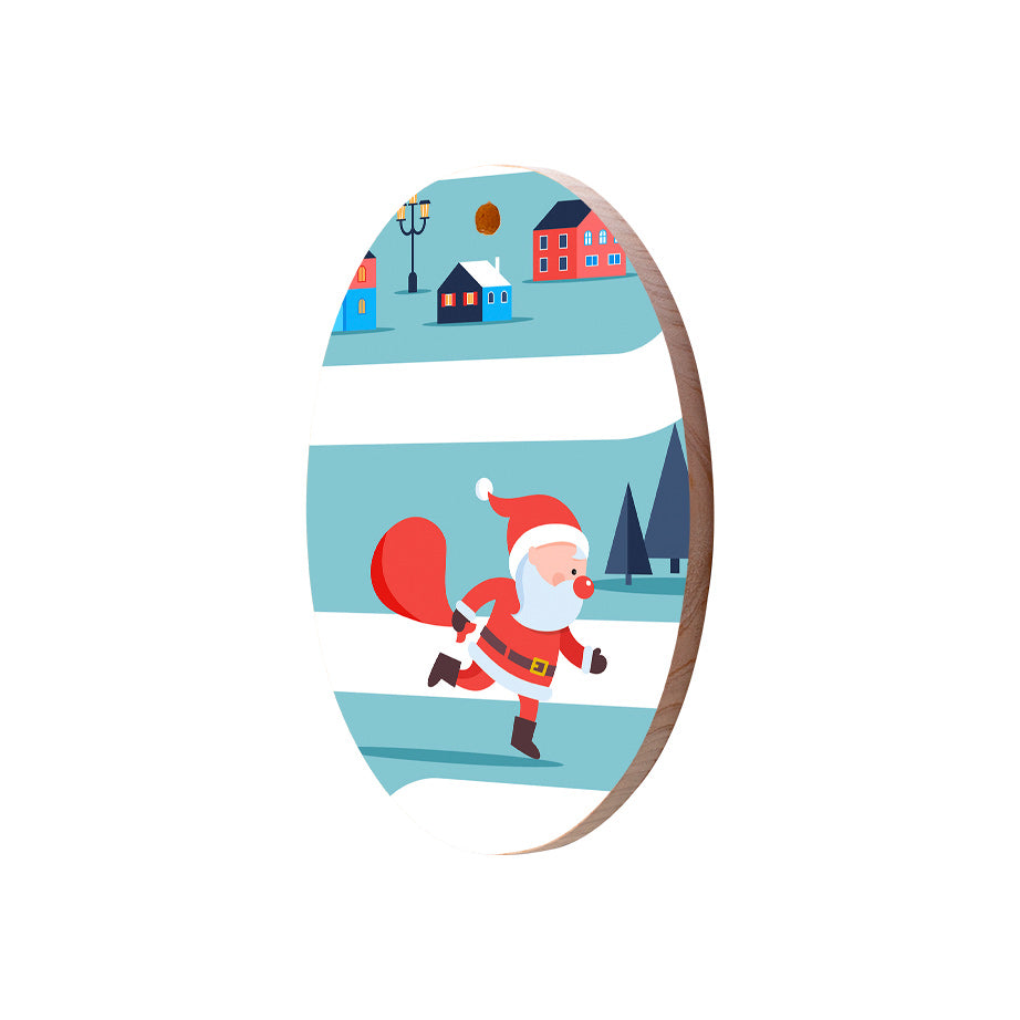 Christmas Decorations SANTA IS ON HIS WAY- Wooden Xmas Oval Decoration and Fridge Magnet