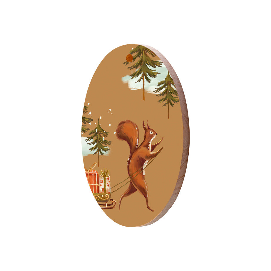 Christmas Decorations SANTA SQUIRELL- Wooden Xmas Oval Decoration and Fridge Magnet