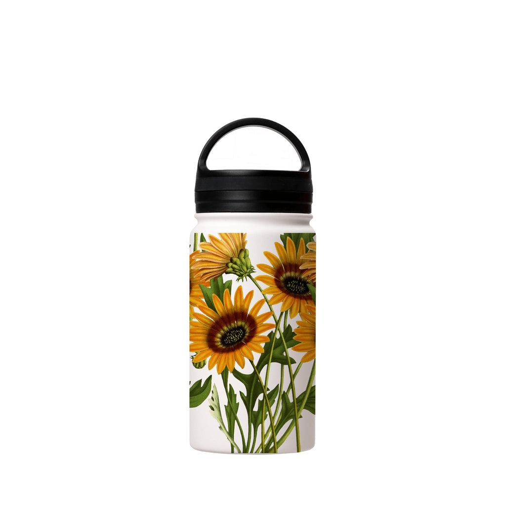 Water Bottles-Sunflowers Insulated Stainless Steel Water Bottle-12oz (350ml)-handle cap-Insulated Steel Water Bottle Our insulated stainless steel bottle comes in 3 sizes- Small 12oz (350ml), Medium 18oz (530ml) and Large 32oz (945ml) . It comes with a leak proof cap Keeps water cool for 24 hours Also keeps things warm for up to 12 hours Choice of 3 lids ( Sport Cap, Handle Cap, Flip Cap ) for easy carrying Dishwasher Friendly Lightweight, durable and easy to carry Reusable, so it's safe for the