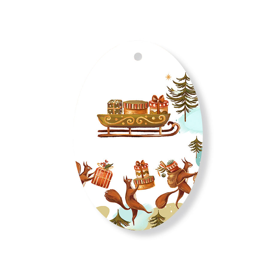 Christmas Decorations THREE WISE SQUIRELL- Wooden Xmas Oval Decoration and Fridge Magnet