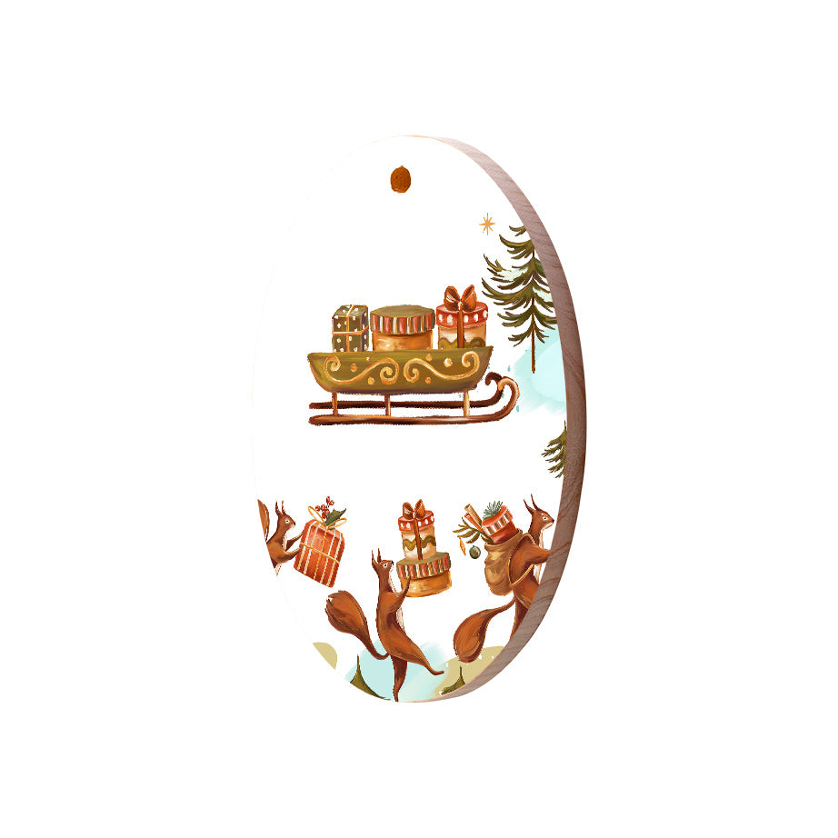 Christmas Decorations THREE WISE SQUIRELL- Wooden Xmas Oval Decoration and Fridge Magnet
