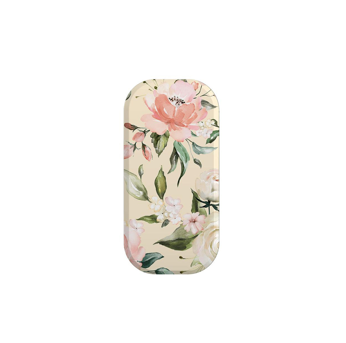 Abinger Clickit phone stand featuring a soft cream background with a delicate watercolor floral print in pink and green.
