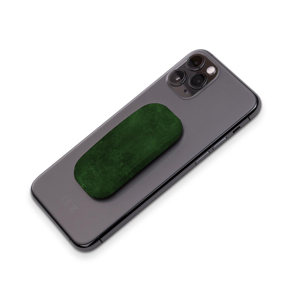 Dark green, textured Absinthe Clickit phone stand attached to the back of a grey smartphone on a white background.
