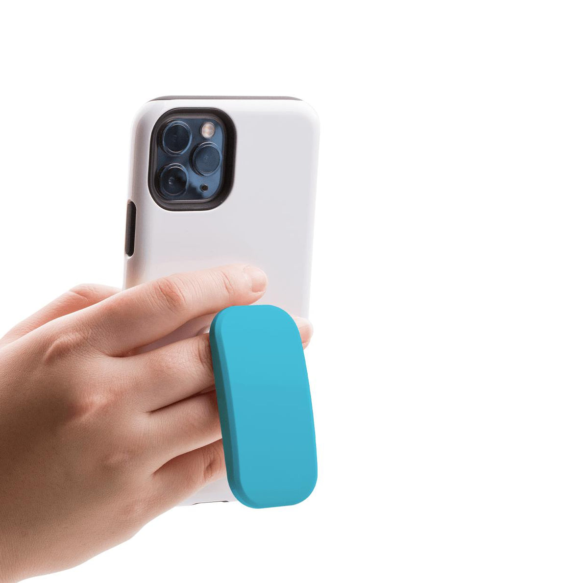 Aqua Sky Clickit phone stand attached to a white smartphone case, held by a hand for a secure grip.