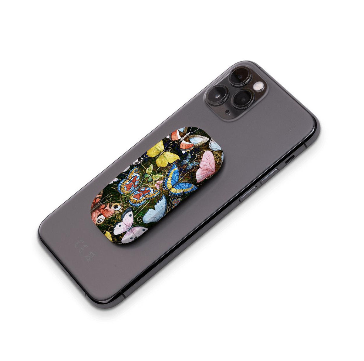 Arebury phone stand with a colorful butterfly pattern attached to the back of a dark gray smartphone.