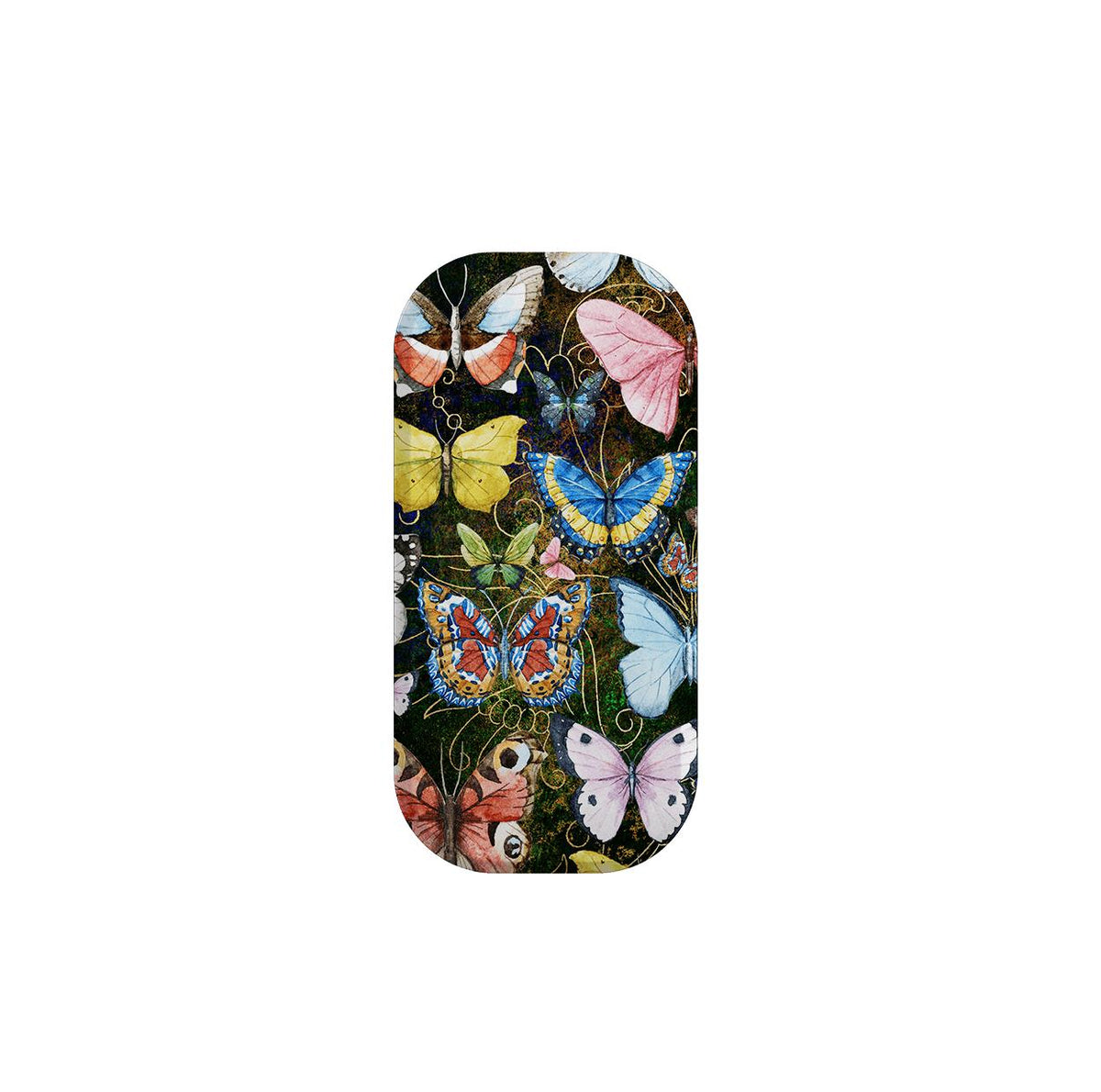 Arebury phone stand with a vibrant, multi-colored butterfly pattern on a dark, gold-swirled background.