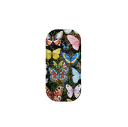 Arebury phone stand with a vibrant, multi-colored butterfly pattern on a dark, gold-swirled background.