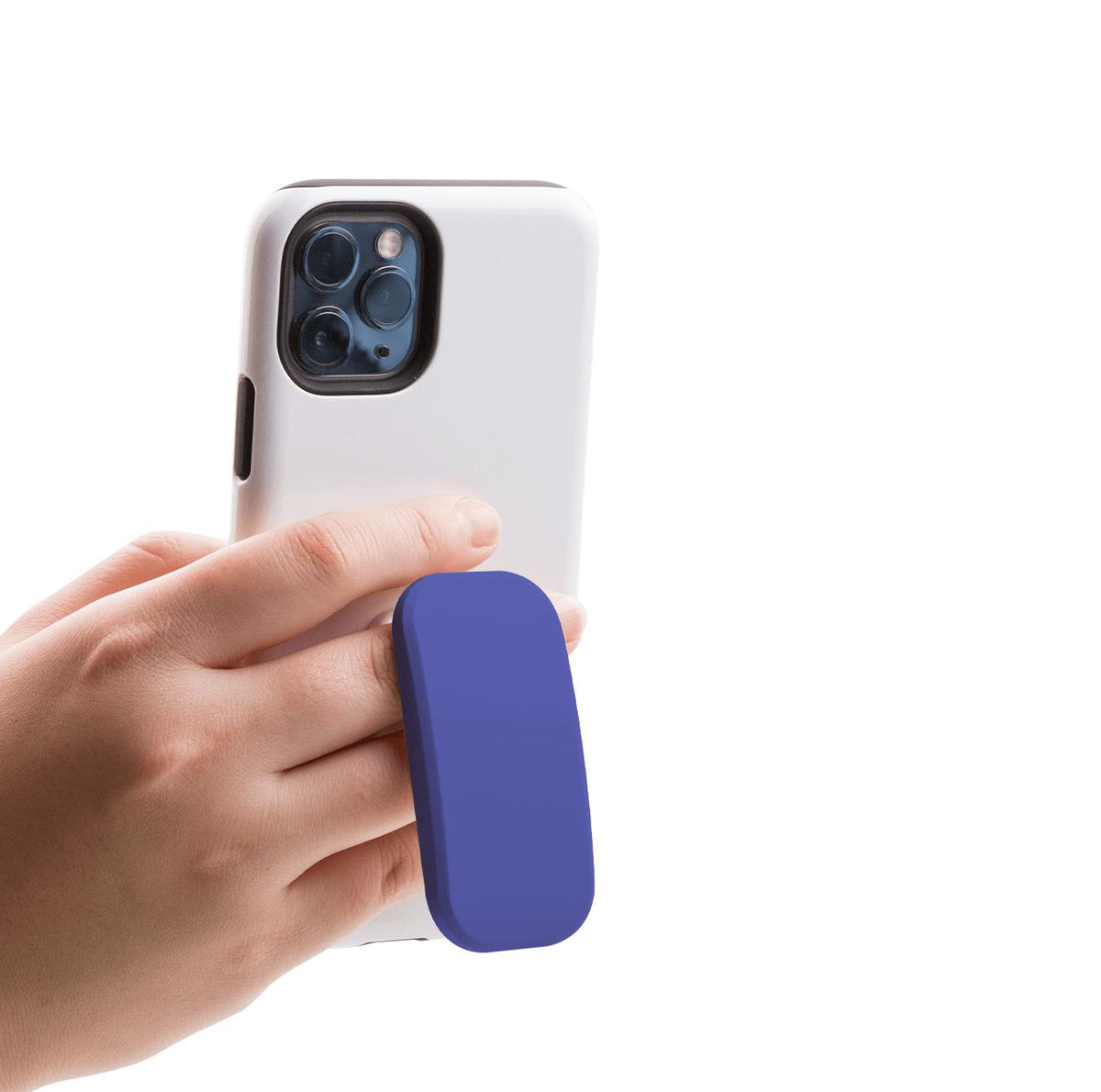 Atomic purple Clickit phone stand attached to a white smartphone case, held securely by a hand for a comfortable grip.