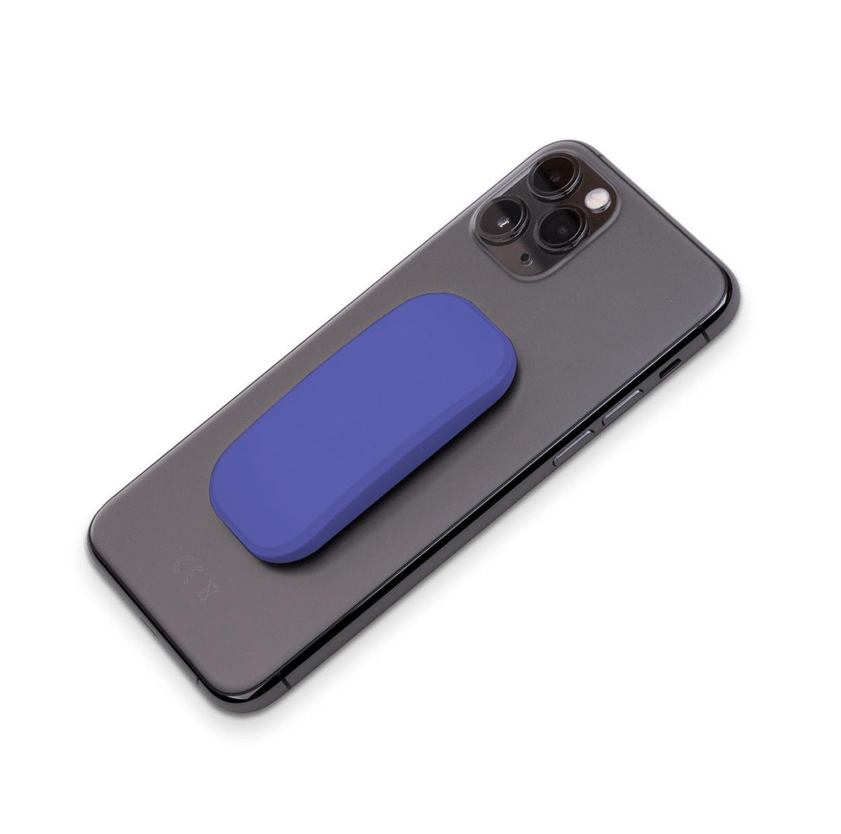 Atomic purple Clickit phone stand attached to the back of a black smartphone for a secure grip and stand functionality.