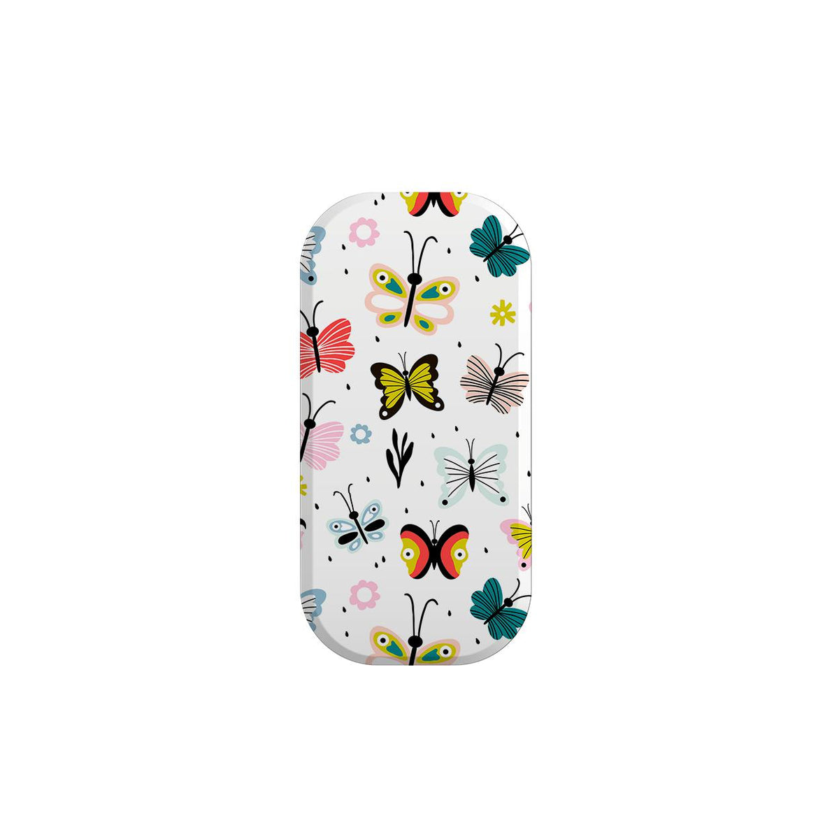 Avesta phone stand with a white background featuring a colorful, whimsical butterfly and flower pattern.
