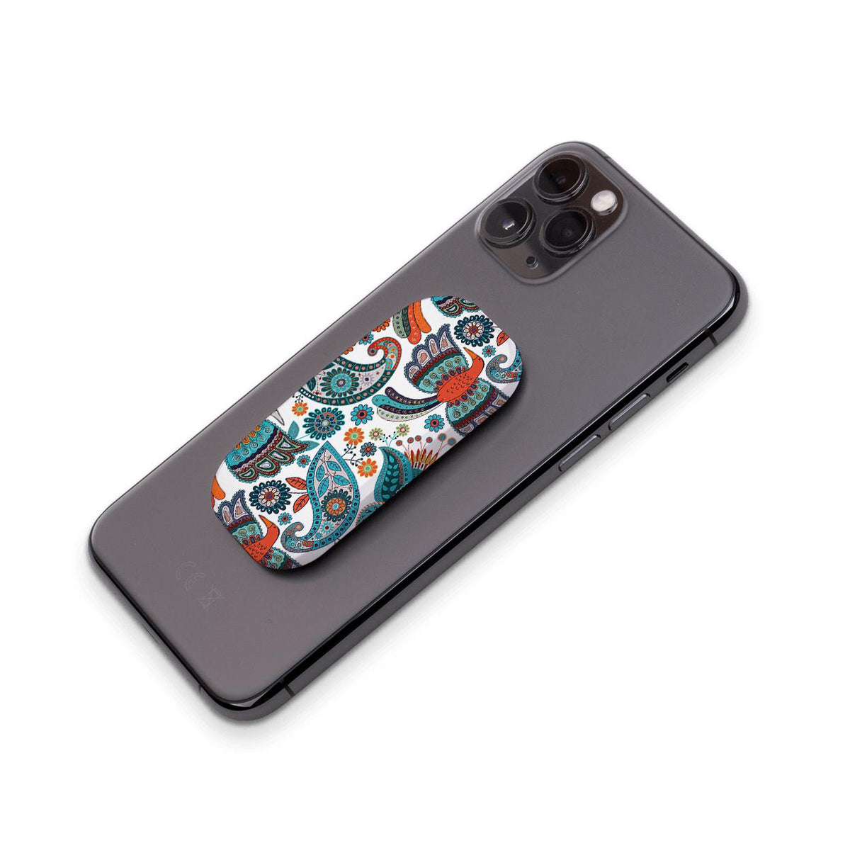 Avoch phone stand with a colorful paisley pattern attached to the back of a grey smartphone.