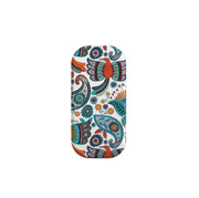 Avoch phone stand with a vibrant, multicolored paisley and bird pattern on a smooth, rounded rectangular surface.