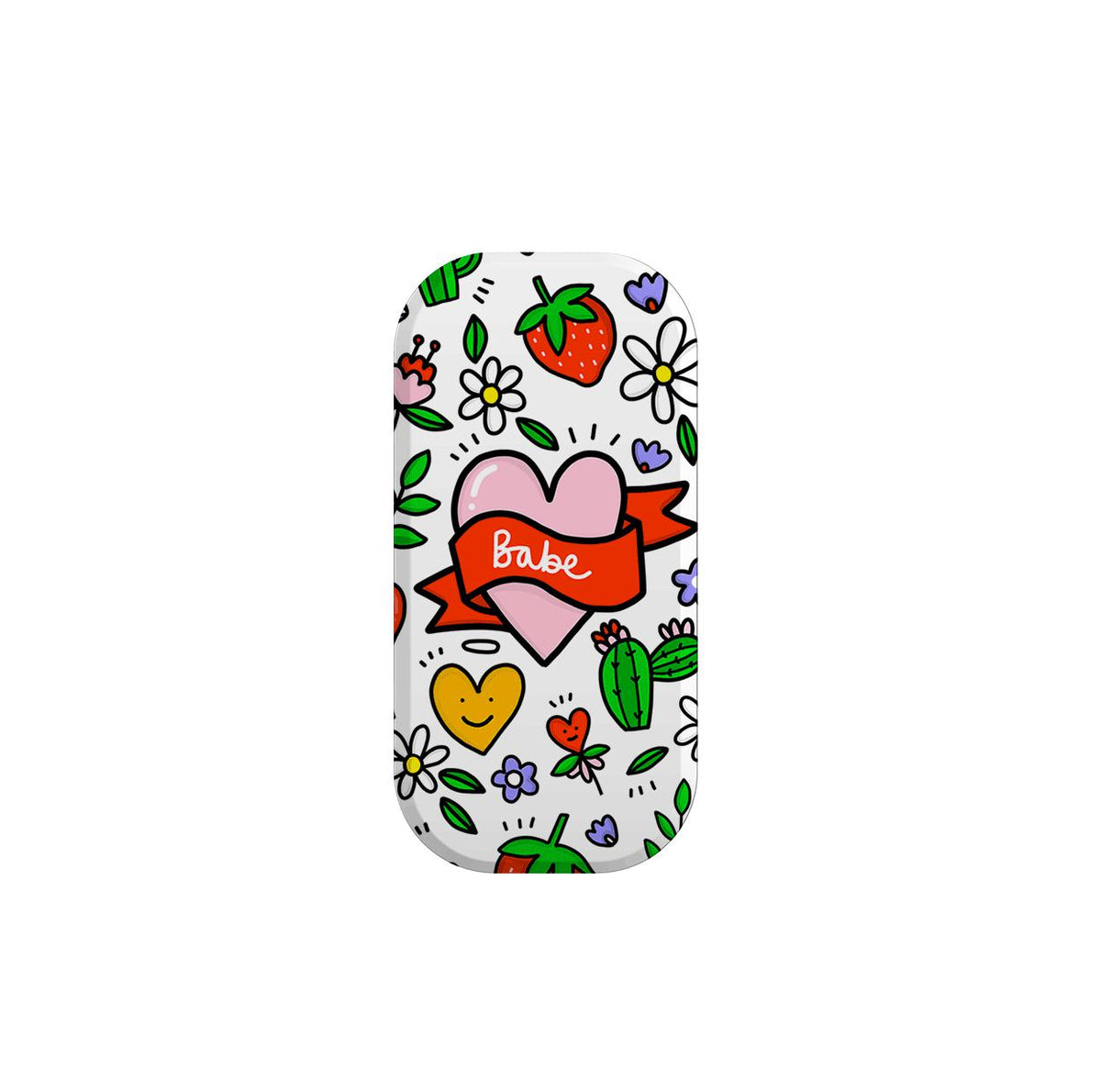 Babe Flickit phone stand with a white background, featuring colorful strawberry, cactus, and heart doodles.