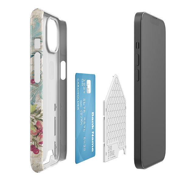 Hard plastic phone case with a floral ballerina print, featuring a sliding back compartment to store a credit card.