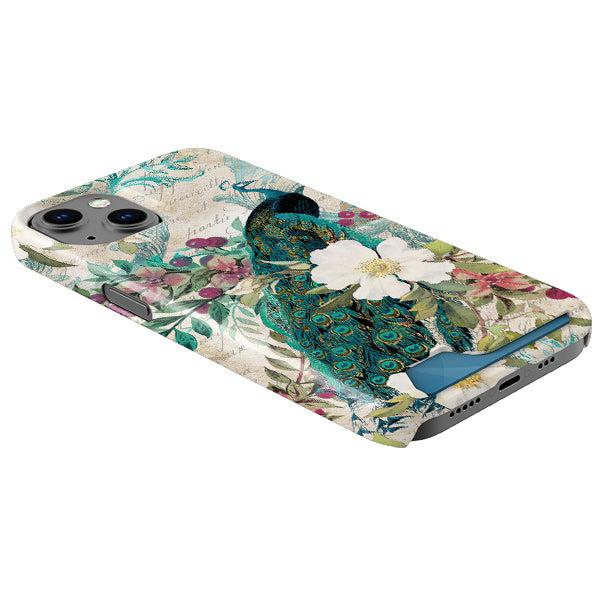Hard plastic phone case with a peacock and floral print, featuring a sliding back panel for credit card storage.