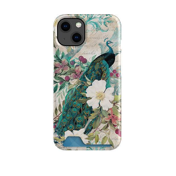 Hard plastic phone case featuring a peacock and floral print with a bottom slider slot for a credit card.